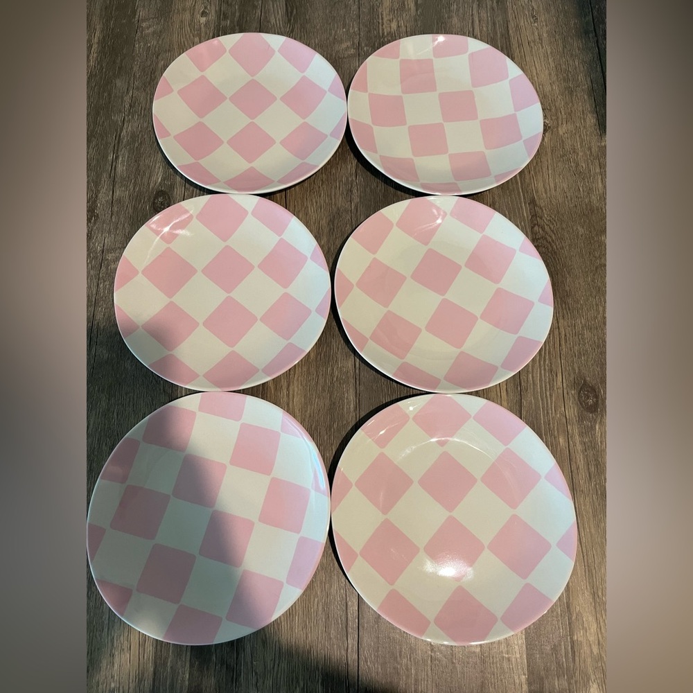 New Set of 6 Pink Checkered Bamboo Melamine Plates